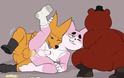 2017 anal anal_sex angus_(nitw) anthro anus ass backsack balls bear boots bottomless brown_fur canine clothed clothing condom cum cum_in_ass cum_inside cum_on_penis embrace eroborus faceless_male feline footwear fox fur gay gregg_(nitw) grey_background group hand_on_head hat humanoid_penis interspecies kneeling legwear lying male mammal masturbation night_in_the_woods nude on_side one_leg_up open_mouth orange_fur penetration penile_masturbation penis pink_fur roz sex shirt simple_background smile socks spoon_position spooning sweat tank_top tongue tongue_out trilby_(hat) uncut voyeur yaoi