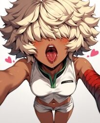 afro ai_generated french_kiss guilty_gear guilty_gear_strive hair_over_eyes imminent_kiss lips mayihavesomeslops open_mouth pov ramlethal_valentine