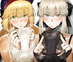 2girls artoria_caster_(fate) blonde_hair blue_eyes fate/grand_order green_eyes hero_neisan highres holding_panties morgan_le_fay_(fate) panties presenting_panties smell smell_fetish smile smiling white_hair