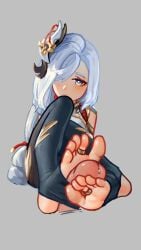 2d blue_eyes far_dong feet foot_fetish footjob genshin_impact shenhe_(genshin_impact) shy white_hair