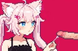 1boy ahoge animal_ear_fluff animal_ears bangs black_camisole blue_eyes blush camisole cat_ears censored female hair_ornament hairclip long_hair mosaic_censoring neko nekomata nekomimi open_mouth penis pink_background pink_hair pixel pixel_art pixelated red_background simple_background smile solo_focus spaghetti_strap straight twintails upper_body virtual_youtuber yumekomoore