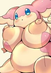 areolae audino bbw big_belly big_breasts blue_eyes breasts chubby chubby_female female generation_5_pokemon huge_breasts looking_at_viewer low-angle_view nekoyuu pokemon pokemon_(species) shortstack