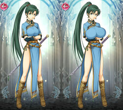 breast_expansion breasts edit edited_official_artwork fire_emblem fire_emblem:_the_blazing_blade fire_emblem_heroes green_eyes green_hair huge_breasts large_breasts long_hair lyn_(fire_emblem) lyndis_(fire_emblem) morphy-mcmorpherson official_art tight_clothing