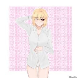 arcueid_brunestud ass_visible_through_thighs bare_legs blonde_hair blush breasts cleavage collared_shirt english_text female ginzoalter hand_in_own_hair highres huge_breasts legs one_eye_closed panties red_eyes shirt short_hair simple_background sleepy sleeve_cuffs stretching thick_thighs thighs tsukihime tsukihime_(remake) underwear white_panties white_shirt