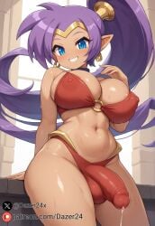 1futa ai_generated bulge bulge_through_clothing dark-skinned_female dark_skin dazer24 futanari huge_breasts navel precum precum_through_clothing purple_hair shantae shantae_(character)