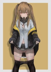 absurdres aegisfate ass_visible_through_thighs belt brown_hair coat condom condom_in_mouth condom_wrapper female girls'_frontline highres mouth_hold navel panties panty_pull pantyhose pantyhose_pull pussy pussy_juice red_eyes scarf skirt skirt_lift solo twintails ump9_(girls'_frontline) underwear