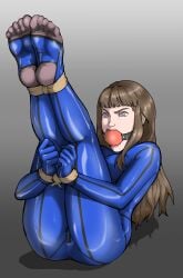 ball_gag blue_clothing blue_eyes bondage bound brown_hair female female_only femsub fully_clothed gag gloves hkr06 latex latex_clothing mugen-nawashi png rope shiny_clothes tight_clothing