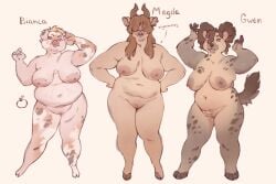 2023 5_fingers anthro bianca_(niochem) big_breasts blonde_hair bovid bovine breasts brown_body brown_fur brown_hair cattle digital_media_(artwork) domestic_pig ear_piercing ear_ring english_text facial_piercing female fingers fur genitals group gwen_(niochem) hair hi_res hooves hyena magda_(niochem) mammal navel niochem nipples nose_piercing nose_ring nude overweight overweight_anthro piercing pussy ring_piercing short_hair simple_background smile standing suid suina sus_(pig) tail text white_background