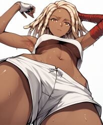 ai_generated armpits dreadlocks from_below guilty_gear guilty_gear_strive mayihavesomeslops panty_peek ramlethal_valentine sweating sweaty_armpits underboob upshorts