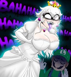 1boy 1girls big_breasts boosette breast_grab breasts cleavage closed_eyes clothing crown duo ear_piercing female ghost ghost_girl gloves glowing green_hat green_shirt hat huge_breasts large_breasts laughing long_hair luigi male mario_(series) monster monster_girl moustache nintendo open_mouth purple_tongue sharp_teeth sweat sweating tongue tongue_out tophart voluptuous voluptuous_female white_dress white_gloves white_hair