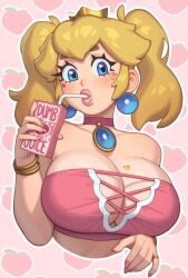 big_breasts blonde_hair blue_eyes breasts drinking large_breasts mario_(series) nintendo princess_peach rizdraws