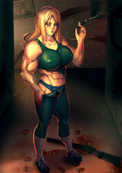 abs bakki blonde_hair blood breasts cigar cigarette female female_only green_eyes gun large_breasts long_hair muscles muscular_female snickers solo weapon