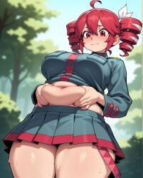 1girls ahoge ai_generated belly big_breasts breasts chubby chubby_female clothed clothed_female clothing curvaceous curvy curvy_female curvy_figure embarrassed embarrassed_female fat fat_female fat_thighs female female_only grabbing_belly grabbing_own_belly hair_ornament hairbow huge_breasts huge_thighs kasane_teto large_breasts love_handles miniskirt mochipawg nail_polish navel painted_nails red_eyes red_hair red_nails shiny_skin shirt_lift skirt solo solo_female sweat sweating thick_thighs thighs twin_drills utau voluptuous voluptuous_female wavy_mouth wide_hips