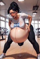 ai_generated amniotic_fluid bent_forward birth black_hair blocked_birth clocktopus contractions crowning gym holding_belly hyper_belly in_pain labor labor_pains long_hair panting pregnant public public_exposure ready_to_pop scared screaming sportswear sweat tight_clothing water_break wet_clothes