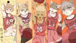 anthro athletic athletic_anthro athletic_male ayu_space_(potato_12_13) ball balls band-aid band-aid_on_face bandage bandage_on_face basketball basketball_(ball) basketball_uniform blush bodily_fluids bottomless bottomwear canid canine canis chinese_text claws closed_smile clothed clothed_anthro clothed_male clothing clothing_lift countershade_arms countershade_face countershade_neck countershade_torso countershading cum cum_on_own_penis cum_on_penis cum_on_self dialogue domestic_cat domestic_dog drooling ear_piercing erection felid feline felis fur genital_fluids genitals group half-closed_eyes hi_res humanoid_genitalia humanoid_penis inner_ear_fluff jumping leaking_cum male male/male mammal mouth_closed multicolored_body multicolored_fur multiple_images narrowed_eyes number number_on_clothing pendulum penis piercing potato_12_13 red_bottomwear red_clothing red_shirt red_shorts red_sleeveless_shirt red_topwear saliva saliva_string shirt shirt_lift shirt_only shorts sleveless_shirt smile sportswear sweat sweatdrop tail tank_top text topwear topwear_only translated tuft two_tone_body two_tone_fur uniform wolf