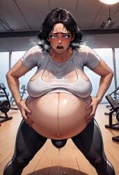 ai_generated amniotic_fluid birth black_hair blocked_birth blue_eyes clocktopus crowning gym hyper_belly in_pain labor panting pregnant public_exposure ready_to_pop scared short_hair sportswear sweat water_break wet_clothes