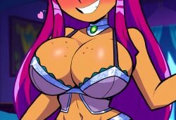 ai_generated alien alien_girl cameltoe curvaceous dc dc_comics female grin heart huge_breasts koriand'r lingerie mullon novelai orange_body red_hair smile starfire tamaranean teen_titans thick_thighs top_heavy