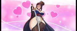 blue_eyes blush brown_hair hips large_breasts suggestive_look sword tagme waifu_shop