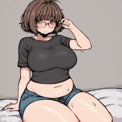 ai_generated aki_(04119_snail) black_shirt blush brown_eyes brown_hair chubby glasses highres large_breasts navel osmondai short short_hair simple_background snale_(04119_snail) stable_diffusion stomach sweat sweatdrop thick_thighs thighs wide_hips