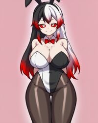 1girls ai_generated aris_lex ass ass_visible_through_thighs black_hair black_leotard bowtie bunny_ears bunnysuit cleavage gradient_hair hands_behind_back headband highres huge_breasts large_breasts leotard looking_at_viewer multicolored_hair multicolored_leotard oc_(osmondai) original original_character osmondai pink_background red_bowtie red_hair red_sclera simple_background smile split-color_hair stable_diffusion thick_thighs thigh_gap three-tone_hair white_eyes white_hair white_leotard wide_hips