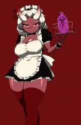 armwear big_ass big_breasts breasts calamitas calamity_mod choker cleavage clothed clothing horn horns houseki_hiiro leggings legs legwear maid_uniform simple_background skarlet_jewel_cv05 stockings tagme terraria thick_thighs thighs white_hair wide_hips