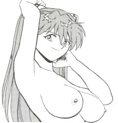 1990s 1997 1girls armpits arms_behind_head asuka_langley_sohryu b_village big_breasts breasts busty confident female female_only highres large_breasts long_hair looking_at_viewer monochrome neon_genesis_evangelion nipples nude pose posing seductive_look seductive_smile sensual sexy_armpits smile solo traditional_media traditional_media_(artwork) twintails voluptuous