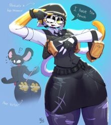 anthro arzyparzy ass big_butt black_body black_fur breasts camille_(fortnite) clothed clothing dialogue domestic_cat duo english_text epic_games felid feline felis female fortnite fur hi_res jojo's_bizarre_adventure mammal meow_skulls mouse murid murine rodent spank_marks text