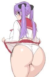 1girls artist_request bow bubble_butt dat_ass huge_ass kagami_hiiragi lifting_skirt looking_at_viewer looking_back lucky_star purple_hair tagme thick_thighs