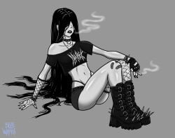 1girls black_hair black_lips black_lipstick black_nails blue_waffle boots braces cigarette ear_piercing female freckles ghost ghost_girl goth goth_girl gothic grey_body grey_skin grid hair_between_eyes hair_over_eyes lips lipstick long_hair necklace no_eyes panties sadako_yamamura samara samara_morgan shorts sitting sitting_on_floor smoking the_ring thong whale_tail yamamura_sadako