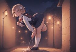 ass ass_out blonde_hair civitai cum cumming futanari highres huge_balls large_balls large_penis large_testicles leaning_forward looking_at_viewer penis penis_between_legs shigure_ui_(vtuber) short_hair side_view skirt_lift smug solo_futa virtual_youtuber