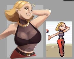 1girls beauty_(pokemon) belly belly_button belt big_breasts breasts cleavage clothed clothing creatures_(company) ear female female_focus female_only game_freak hair necklace nintendo npc npc_trainer poke_ball pokemon pokemon_rse pokemon_trainer rekkadraws