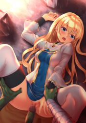 1boy blonde_hair blue_eyes blush boots breasts censored covered_navel dress dress_lift eyebrows_visible_through_hair female frilled_sleeves frills gem goblin goblin_male goblin_slayer goblindom green_skin highres imminent_rape long_hair looking_at_viewer lying medium_breasts mosaic_censoring on_back on_floor open_mouth orc penis priestess_(goblin_slayer) pussy rock solo_focus spread_legs tears thigh_boots thighhighs wrist_grab