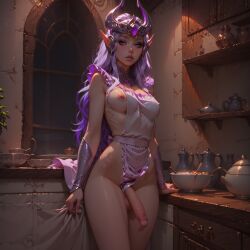 ai_generated athletic_futanari big_breasts blindparty civitai dickgirl futanari kitchen_background league_of_legends naked_apron penis purple_eyes purple_hair solo syndra tiara