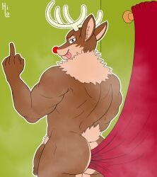 2024 anthro antlers artist_name ass big_penis brown_body brown_ears brown_fur brown_tail christmas curtains deer digital_media_(artwork) fur genitals gesture half-closed_eyes hand_gesture hi_res holidays horn inside itsme_hilo looking_at_viewer looking_back male mammal middle_finger muscular muscular_anthro muscular_male musk musk_clouds narrowed_eyes new_world_deer penis pubes rear_view red_nose reindeer rudolph_the_red-nosed_reindeer scut_tail short_tail solo standing tail thick_thighs three-quarter_view tongue tongue_out white_antlers