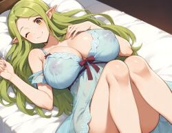 ai_generated big_breasts elf_ears erect_nipples green_hair huge_breasts legs_together log_horizon long_hair lying_on_back lying_on_bed marielle_(log_horizon) matronai_(artist) nightgown perky_nipples posing posing_for_picture posing_for_the_viewer sheer_clothing sheer_nightgown thick_ass thick_thighs toned toned_female winking winking_at_viewer