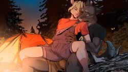 anthro aroused aroused_face aroused_smile being_watched blake_(furlough_games) blush bovid bulge campfire camping canid canine canis caprine clothed clothing cock_tease detailed_bulge duo erect_nipples evening foggy_capybara frottage furlough_games furry_shades_of_gay genital_outline goat hi_res looking_at_another male male/male mammal nipple_outline nipples penile penis_outline percy_(furlough_games) sex wolf