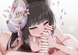 1boy 1girls :p after_fellatio animal_ears assertive_female azur_lane bent_over blush bottomless bra bra_pull breasts brown_hair censored clothes_pull cum cum_in_mouth cum_on_tongue eyeshadow fellatio female fox_ears fox_girl fox_mask half-closed_eyes hand_up handjob heart heart-shaped_pupils highres large_penis light-skinned_female light-skinned_male light_skin long_hair looking_at_viewer lying_on_person madotsukumo makeup male_pov mask mask_on_head motion_lines nagato_(azur_lane) nagato_(great_fox's_respite)_(azur_lane) nipples oral penis petite pov red_bra red_eyeshadow sakura_empire_(azur_lane) seductive_smile small_breasts smile solo_focus straight symbol-shaped_pupils tongue tongue_out underwear very_long_hair yellow_eyes