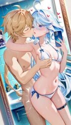 1boy 1girls aether_(genshin_impact) ai_generated bathroom bikini breasts furina_(genshin_impact) genshin_impact mirror mirror_selfie selfie sex sex_from_behind sex_selfie small_breasts straight