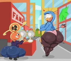 2023 2girls ass big_ass big_breasts big_butt black_eyelashes blue_eyes blue_hoodie blue_jacket blue_sky breasts brown_body buildings city city_background digital_media_(artwork) electric_fan fakemon fan girafarig green_skirt hi_res huge_ass huge_butt hyper_ass hyper_butt jacket jeans living_tail long_pants multiple_girls nintendo open_mouth panties pink_panties pokémon_(species) pokemon powers purple_yoshi_draws rotom shocked shocked_expression skirt sound_effect squatting teeth_showing text text_on_sign yellow_body