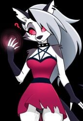 ai_generated anthro anthro_only canine_pussy cookie-girl ear_piercing excessive_pussy_juice eyebrow_piercing grey_fur helluva_boss hypnosis loona_(helluva_boss) mind_control question_mark questionable_consent red_dress red_eyes simple_background spiked_collar spiral_eyes tail upskirt upskirt_view vivienne_medrano white_fur white_hair wolf_ears wolf_girl wolf_humanoid wolf_tail