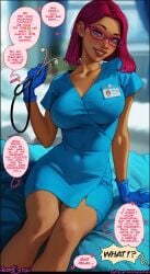 aroma_sensei dark-skinned_female dark_skin dialogue female freckles gloves id_card latex_gloves maru_(stardew_valley) medium_breasts medium_hair miniskirt nurse_uniform on_bed patreon_username purple_eyes sitting_on_bed stardew_valley stethoscope thick_lips