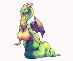 anthro apode ass big_breasts breasts draconcopode drawfruit female hi_res huge_breasts legless long_neck naga nipples non-mammal_breasts non-mammal_nipples nude reptile scalie serpentine simple_background snake snake_hood solo thick_thighs white_background wide_hips wings