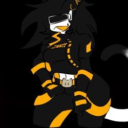 2024 :3 :3d :d bar belly belly_button belt belt_buckle black_background black_fur black_hair breasts buckle curvy curvy_figure digital_media_(artwork) english_text fangs felid feline felis filibuster_cat genderswap_(mtf) glasses gloves hair hand_on_hip hand_on_thigh hi_res jacket legwear liketosaye long_tail midriff midriff_baring_shirt navel oerba_yun_fang open_mouth pants pointy_ears rule_63 shirt simple_background standing tail text the_battle_cats thick_thighs visor waist white_body white_fur white_skin wide_hips yellow_clothing