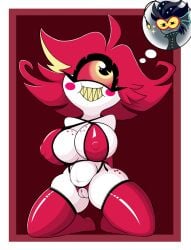 1_eye armwear baxter_(hazbin_hotel) bikini breasts clothing demon female genitals hair hands_behind_back hazbin_hotel humanoid legwear niffty_(hazbin_hotel) nipple_outline poraka7 pussy red_hair solo stockings swimwear thick_thighs two-piece_swimsuit white_body