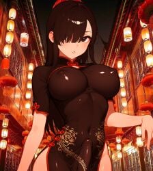 ai_generated bangs_over_one_eye black_hair breasts bulge_through_clothing chinese_clothes chinese_dress dark_eyes edited_ai female futanari highres large_breasts light_skin long_hair makeup misaki_(yomura) nipples nipples_visible_through_clothing original original_character outdoors outside penis public stable_diffusion thighs thin_waist yomura