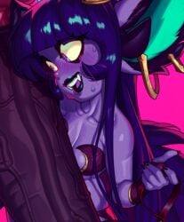 bat bat_ears black_lipstick cock_shock fangs huge_cock imminent_sex league_of_legends lipstick long_hair lulu_the_fae_sorceress penis purple_eyes purple_hair purple_skin riot_games shortstack surprised sweat tangobat thick_thighs yordle