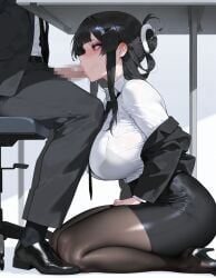 1boy 1girls black_hair blowjob breasts busty d_(killer_wife)_(nikke) d_(nikke) erection fellatio goddess_of_victory:_nikke huge_breasts office office_lady oral penis red_eyes stealth_fellatio stealth_oral under_the_table