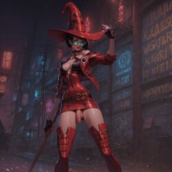 ai_generated athletic_futanari big_breasts blindparty civitai clothed clothed_futanari dickgirl futanari glasses human i-no night nudity outside partially_clothed penis shades solo witch_hat