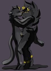 anthro black_body black_fur duo fanmon felid fur gooeyblueboye hi_res kissing latex lycanrock male male/male mammal null_bulge null_bulge_frottage ringed_eyes simple_background tacky_(character) yellow_nose