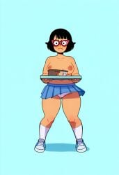 20th_century_fox adult_swim aged_up ai_generated blooboo bob's_burgers bob_cut cameltoe chubby_female female female_only frown glasses panties pink_panties serving_food serving_tray skirt skirt_up sneakers socks tina_belcher topless underwear upskirt